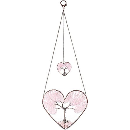 Hjerte Rose Kvarts Healing Krystal Livets Træ Snøreophæng Væghængende Hjem Kontor Vindue Dekoration Meditation Balance