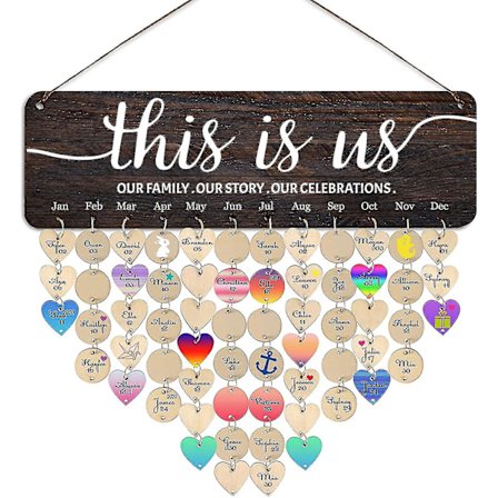 Väggdekoration This Is Us Familjekalender med Födelsedagar, Påminnelse om Födelsedagar med Runda Hjärtformade Taggar, Julklappar till Mormor Mamma, 