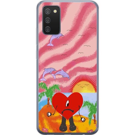 Kompatibel Mobilcover til Samsung Galaxy A02s Bad Bunny i en farverig quiltet jakke med hjertemønster og solbriller i moderne gade stil