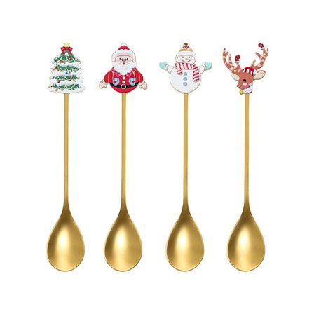 Julekaffeskeer, sett med 4 gull dessert- og teskjeer, 304 rustfritt stål - B17