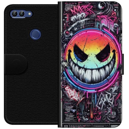 Kompatibelt Plånboksfodral till Huawei Huawei P smart Cyberpunk smiley med neonfärger, graffiti och futurisk techstil, edgy digital konst för gamer