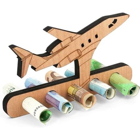 Flyrejse-kassette i træ – Unik gave med pengegave til den rejsende | Håndlavet kort til bryllupsrejse, fødselsdag & eventyr