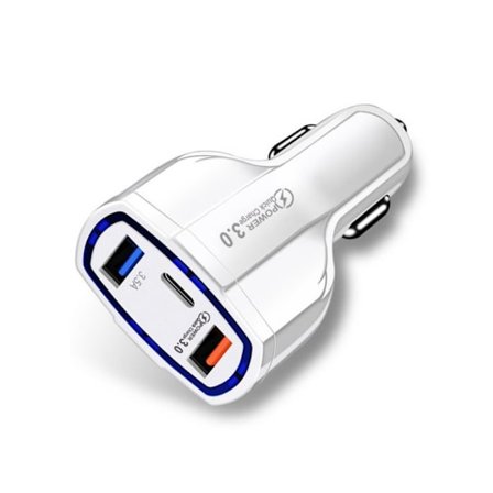 Billader, støtter PD-hurtiglading, utstyrt med en USB-C-port og to USB-utgangsporter, hvit.