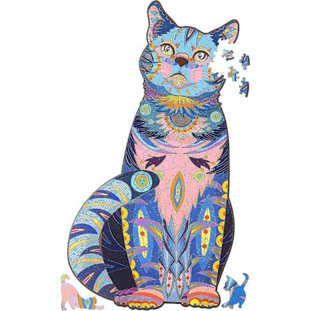 Træpuslespil til voksne, Træ Blå Kat Puslespil med Dyreformede Brikker, Unikt Træ Katteformet Puslespil til Alle Aldre, Perfekt til Udfordring