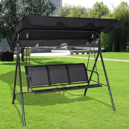 COSTWAY Trädgårdssoffa 3 Platser i Polyester och Stål med Justerbart UV-skyddat Tak för Balkong, Terrass 170 x 110 x 150CM Svart