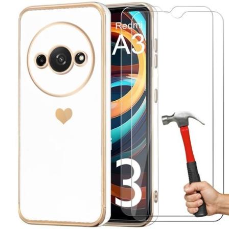 Fodral + 2 härdade glasögon för Xiaomi Redmi A3 silikon med hjärtmönster, stötsäkert skydd, vit