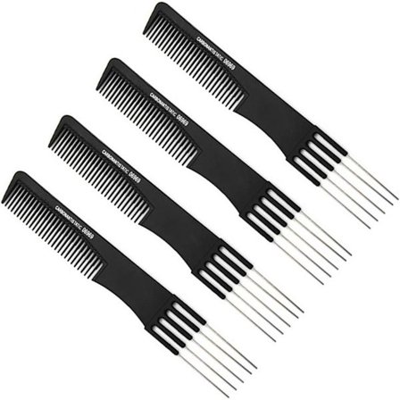 4 Svarte Karbonfiber Hårkammer med Metallpigger, Kraftige