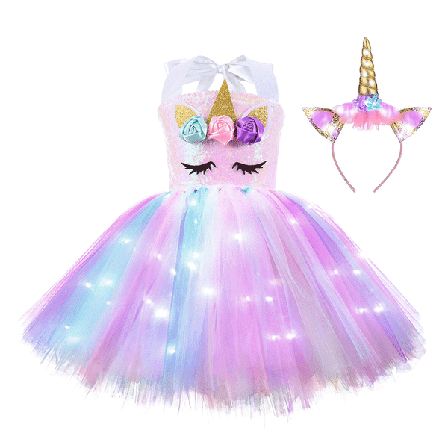 Børnepige Unicorn Kostume LED Lys Tutu + Pandebånd Kostume Sæt Cosplay Karneval Fødselsdagsfest 6T
