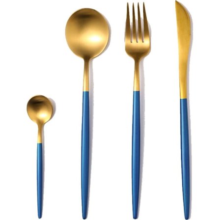 Tyylikäs kontrasti: matta ruokailuvälinesarja sinikultaisilla aksenteilla erityistä KLB:tä varten