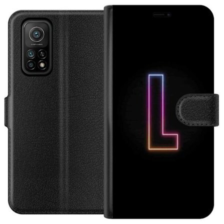 Yhteensopiva Lompakkokotelo Xiaomi Xiaomi Mi 10T Pro 5G Minimaalinen neonkirjain L pehmeästi vaihtuvassa värivalossa mustaa taustaa vasten, puhdas g