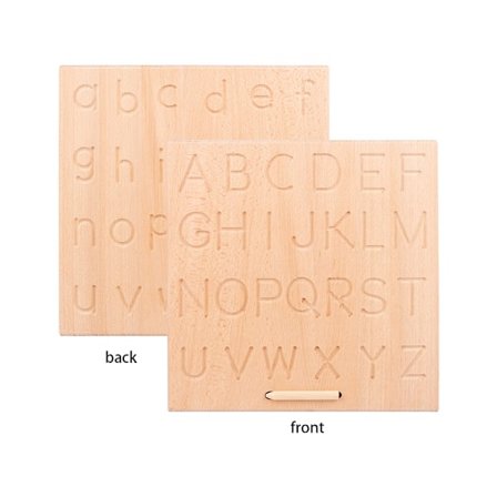 Puinen kirjainharjoittelutaulu, kaksipuolinen aakkosten jäljitystaulu