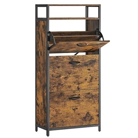 VASAGLE Skoskab med 3 vipdøre, opbevaringsreol med åben hylde, rustik brun