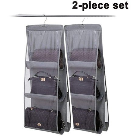 2-osainen ripustettava käsilaukkujen järjestäjä, pölytiivis säilytysteline, käsilaukku, käsilaukkukaappi, jossa on 6 suurempaa taskua, harmaa