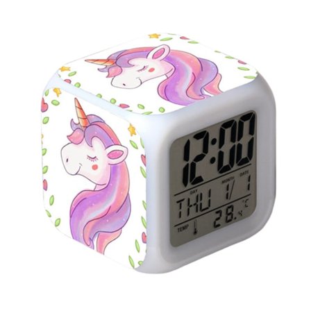 Wekity Yksisarvinen Värikäs Herätyskello LED Neliönmuotoinen Kello Digitaalinen Herätyskello Ajalla, Lämpötilalla, Hälytyksellä, Päivämäärällä