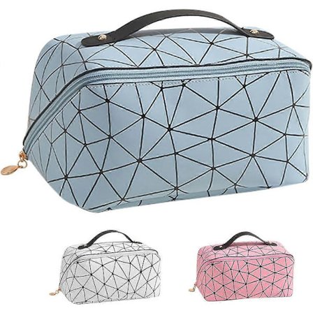 Rhombus rejse kosmetik taske - Multifunktionel PU læder bærbar makeup taske, stor kapacitet toilettaske opbevaringspose med håndtag og skillevæg, blå