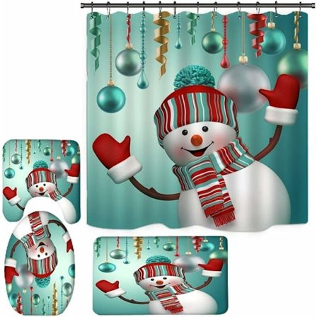 Julebadeværelses bruseforhængssæt med 4, julebade måtte/skridsikre badeværelsestæpper/toiletsædebætræk/bruseforhæng med 12 kroge, 