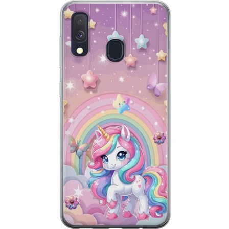 Kompatibel Mobilcover til Samsung Galaxy A40 Magisk enhjørning med regnbue manke, stjerner og sommerfugle mod en pastelfarvet himmel med skyer