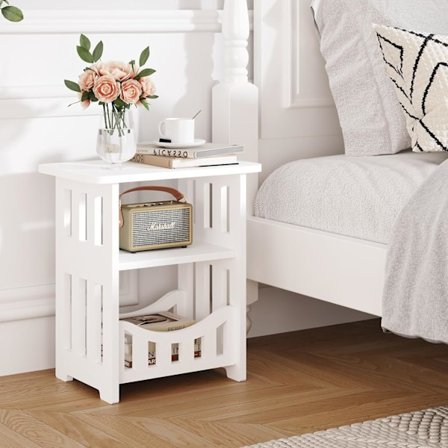 Vitt Sängbord, Litet Sidobord med Förvaringshylla och Korg, Sidobord för Små Utrymmen, Smala Soffbord, Nattduksbord, Soffbord för Vardagsrum,