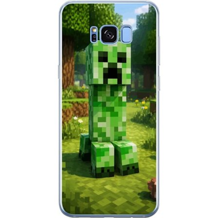 Kompatibelt Mobilskal till Samsung Samsung Galaxy S8+ Block-baserad Creeper-figur i en grön pixell värld, ikonisk spelillustration för barnrum, gam