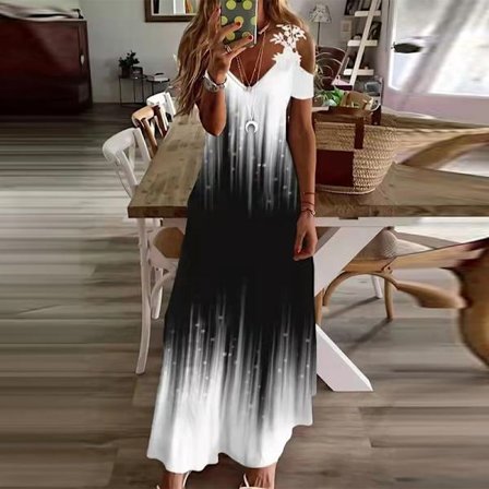 Dam Sommar Kortärmad Lång Klänning Virkade Maxiklänningar Svart Vit Tie Dye 3XL Black White Tie Dye