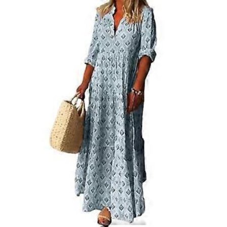 Maxikjole Sjarmerende Ståkrage Myk Lang Kjole Casual Løs Boho Print Maxikjole Streetwear (M blå)