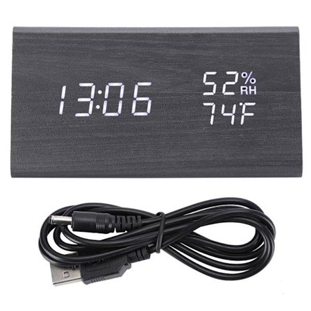 Digitaalinen LED-puinen pöytäkello ääniohjauksella, kolmion muotoinen lämpötila- ja kosteushälytys, valkoinen valo