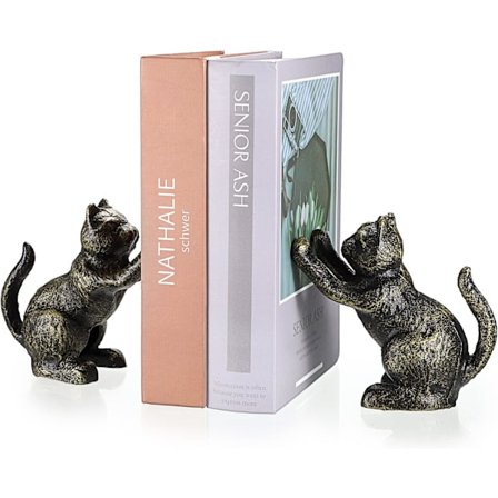 Dekorativa bokstöd i gjutjärn, kraftiga bokstöd, kreativa bokstöd i kattstil för att hålla böcker, stopp för tunga böcker för bokhyllor (svart guld)