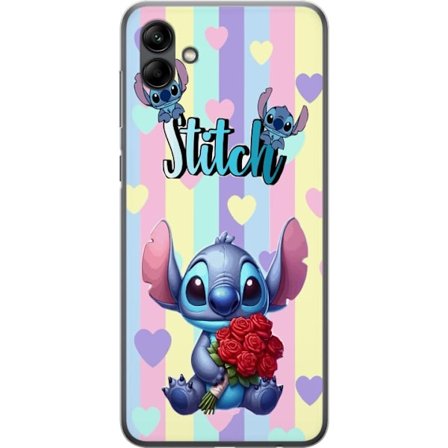 Kompatibel Mobilcover til Samsung Galaxy A05 Romantisk illustration af Stitch der holder røde roser mod stribet baggrund