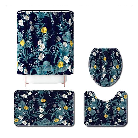 Duschdraperi Handmålat Blommigt Tryck Fyra Delar Toalettmatta Set Vattentätt Duschdraperi, Y02