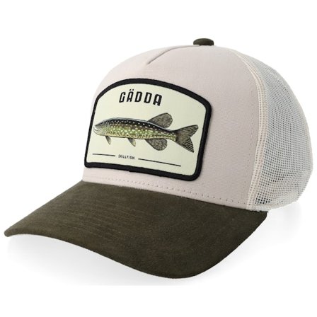 Skillfish - Beige trucker Lippis - Gädda Stor Patch Beige Canvas/Olive Suede A-Frame Trucker @ Hatstore