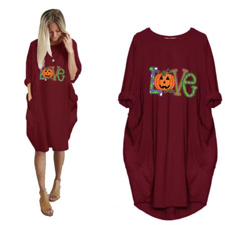 Halloween Kvinna Pumpa Roudn Neck Casual Knälång Klänning