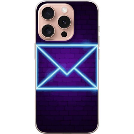 Yhteensopiva Puhelinkuori Apple Apple iPhone 16 Pro Neonilta illuustraatio kirjekuoresta sinisessä valossa lila tiiliseinää vasten, nykyaikainen sy