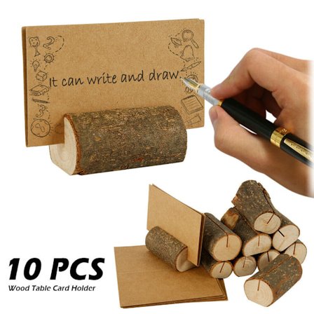 10 stk. rustikke træ bordkortholdere og 10 stk. kraft bordnavneplac