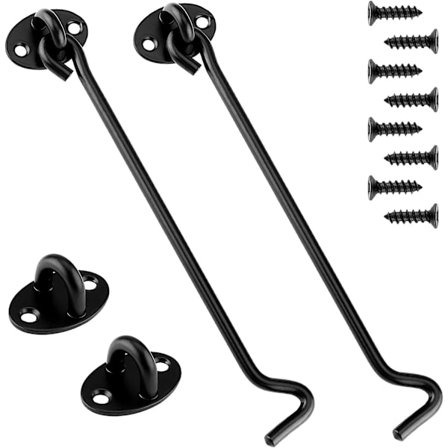 Hyttehake 2 stk Dørhake Haken Svart Rustfritt Stål Haken med Øyelåser og Bolter for Låser Låvedør, Bad, Vindu, Skyvedør(20cm)