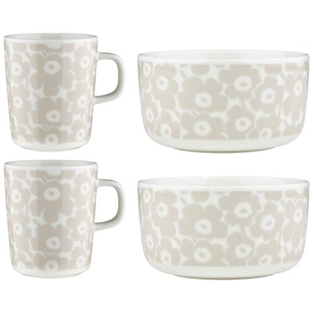 Marimekko Pikkuinen Unikko frokostsett 4 deler, hvit/beige