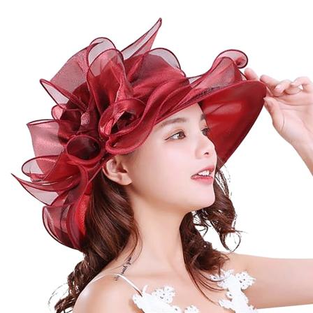 Dame Solhatt Bred Bremskjerm Bryllupshatter Damer Vintage Topplue Fascinators Cap Elegant Organza Hat Retro Aftenfest Hat Sommer Wine Red