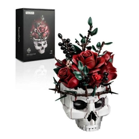 Byggesæt med kranie-rosebuket til voksne, halloween, gotisk horror, skelet, plantepotte, boligindretning