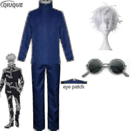 2023-anime Jujutsu Kaisen Gojo Satoru Cosplay Kostume Toppe Bukser Øjenlap Halloween Fest Herre Uniform Parykker - Blå Pakke 4 Blue Package 4 S