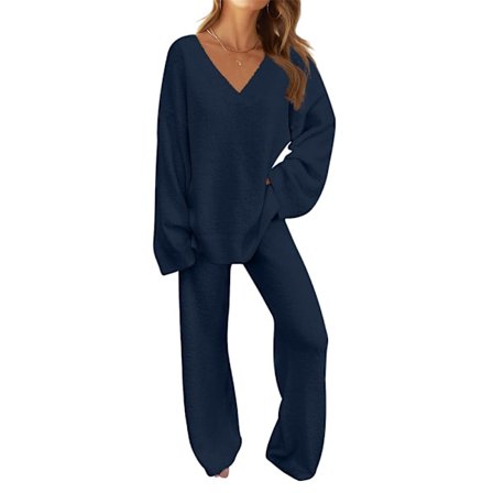 Kvinnors 2-delade outfits Fuzzy Fleece Pyjamas Set Långärmad Loungewear Black