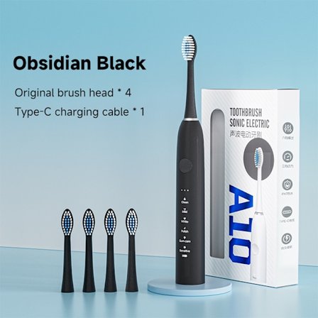 Vattentät Portabel Sonisk Elektrisk Tandborste med 4 Borsthuvuden och 18 Lägen (Obsidian Svart)