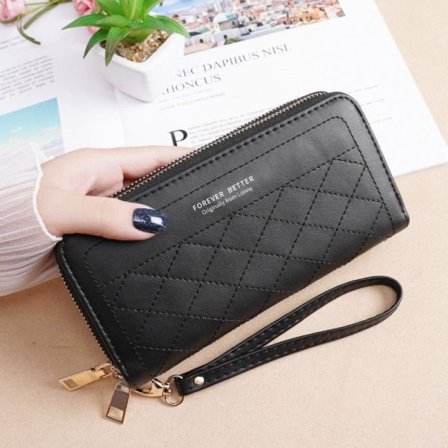 Kvinnor plånbok myntväska Lång Stor kapacitet Dubbel dragkedja Clutch Dubbellagers Clutch Bag Mode Black