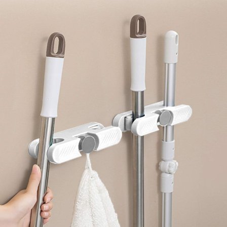 2 stk. mopp- og kostestativ, veggmontert kostestativ uten boring, mopp-klebeholder med kroker for kjøkken og bad