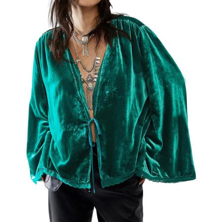 ivimos Dam höst sammet casual jackor klocka lång ärm slips fram spets trim lös vintage kimono kofta kort kappa mörkgrön liten