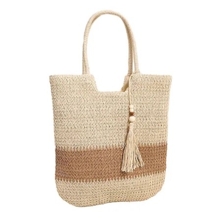 Trendy Stribet Taske Piger Sommer Strandtaske Koreansk Stil Håndtaske Stor Kapacitet til Kvinder Piger Beige Beige