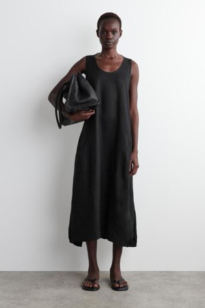 COS Women's Elasticated Hem Linen Maxi Dress in Black