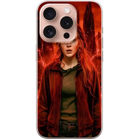 Kompatibelt Mobilskal till Apple Apple iPhone 16 Pro Porträtt av en ung kvinna med rött hår i en apokalyptisk landskap, röda blixtar och mörka kl