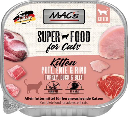 Mac's Super Food for Kittens Kalkun, And og Storfe 16x100g - Våtfôr