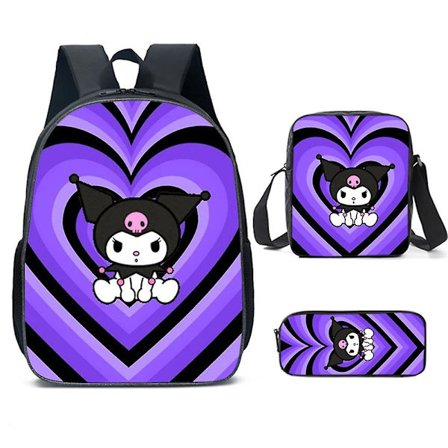 3 stk. Kuromi-ryggsekk for barn, reiser, skole, skulderbag, håndveske, pennal, gaver (A)