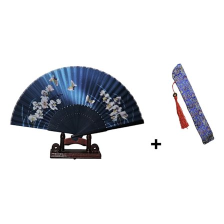 Solfjäder - Fjärilar med blommor [M5] med fodral - Blå