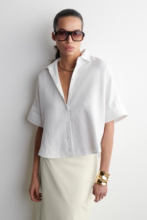COS Women's Boxy Short Sleeve Linen Shirt in White